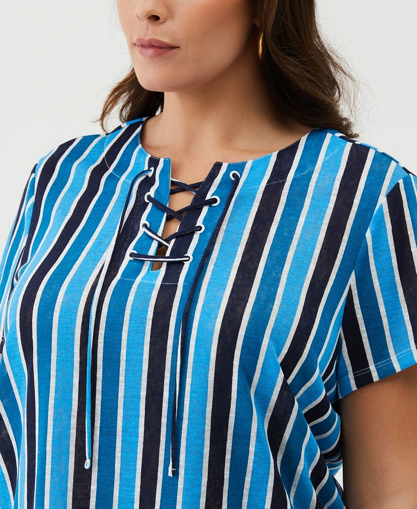 Ella Rafaella Plus Eco Stripe Lace-Up Short Sleeve Tee Shirt