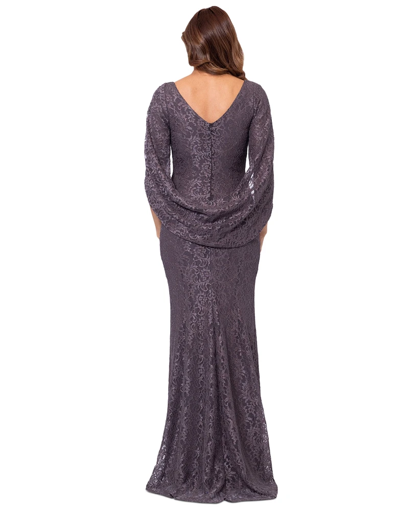 Betsy & Adam Women's Glitter-Lace Capelet Gown