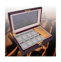 Yescom 12 Slots Watch Box Display Case Glass Top Lock Jewelry Case Storage Organizer