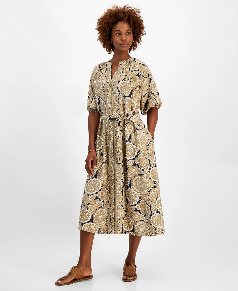 Tommy Hilfiger Women's Printed Split-Neck Puff-Sleeve Dress