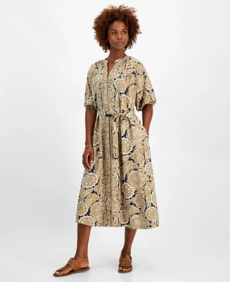 Tommy Hilfiger Women's Printed Split-Neck Puff-Sleeve Dress