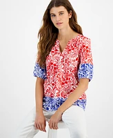 Tommy Hilfiger Women's Cotton Floral-Print Puffed-Sleeve Top