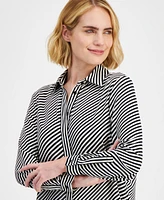 Anne Klein Petite Striped Covered-Placket Long-Sleeve Top