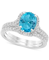 Swiss Blue Topaz (2-1/8 ct. t.w.) & Diamond (1/2 Halo Bridal Set 14k White Gold