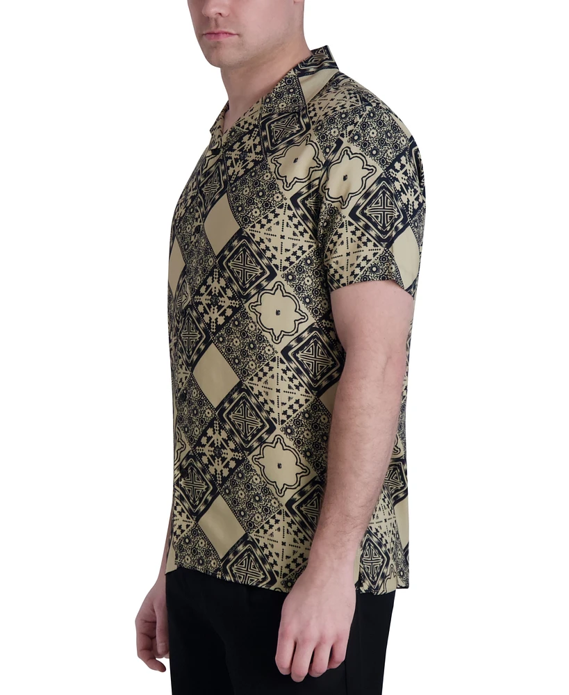 Karl Lagerfeld Paris Men's Slim-Fit Geometric Tile-Print Button-Down Camp Shirt