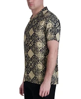 Karl Lagerfeld Paris Men's Slim-Fit Geometric Tile-Print Button-Down Camp Shirt