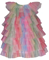 Bonnie Baby Girls Short Sleeve Rainbow Mesh Ruffle Trapeze Dress