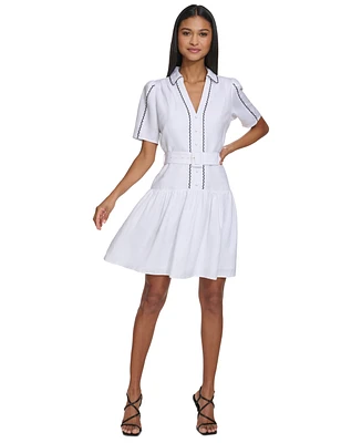 Karl Lagerfeld Paris Women's Puff-Sleeve Belted A-Line Dress