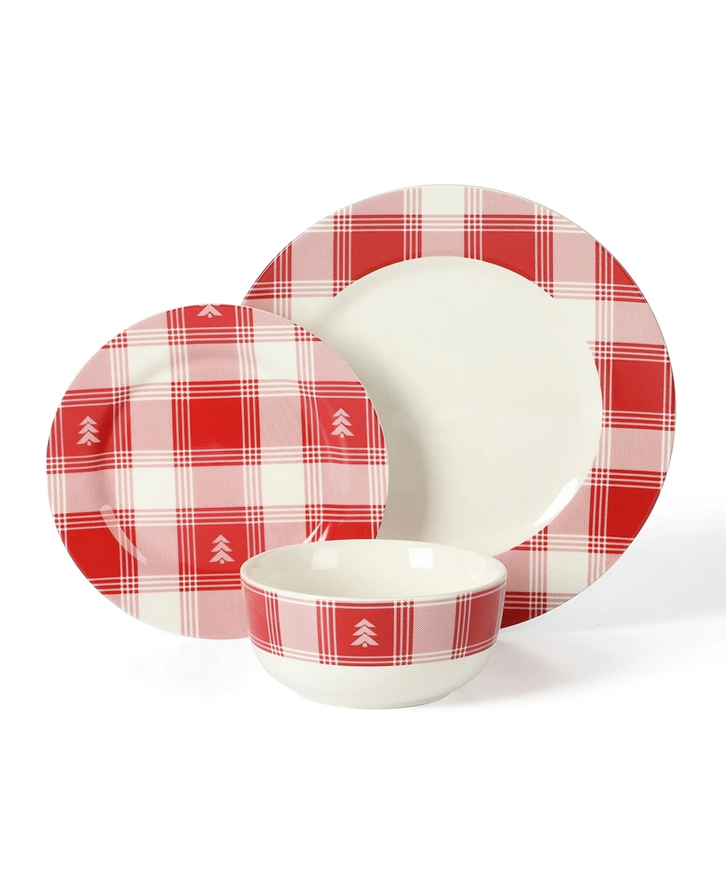 Martha Stewart Plaid Decorated Red White 12 Piece Dinnerware Set, Service for 4