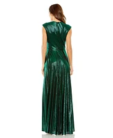 Mac Duggal Women's Cap Sleeve Deep V Neck High Slit Metallic Gown