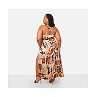 Rebdolls Plus Size Kiera Satin Abstract Print One Shoulder Maxi Shift Dress