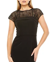 Mac Duggal Women's Sheer Lace Top Crepe Midi Dress