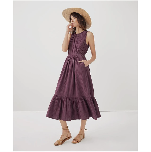 pact purple dress PACT + Fit & Flare Strappy Midi Dress
