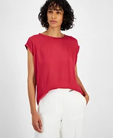 T Tahari Women's Mixed-Media Scoop-Neck Drop-Shoulder Top