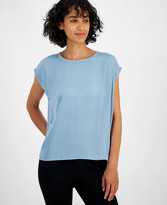 T Tahari Women's Mixed-Media Scoop-Neck Drop-Shoulder Top