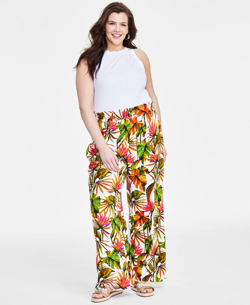 I.n.c. International Concepts Plus Printed Linen Wide-Leg Pants, Created for Macy's