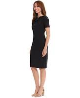 London Times Petite Solid Bow-Neck Short-Sleeve Sheath Dress