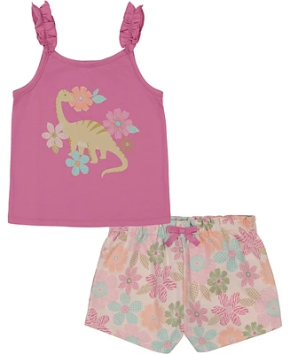 Kids Headquarters Little Girls Dinosaur Tank Top & Floral French Terry Shorts, 2 piece set