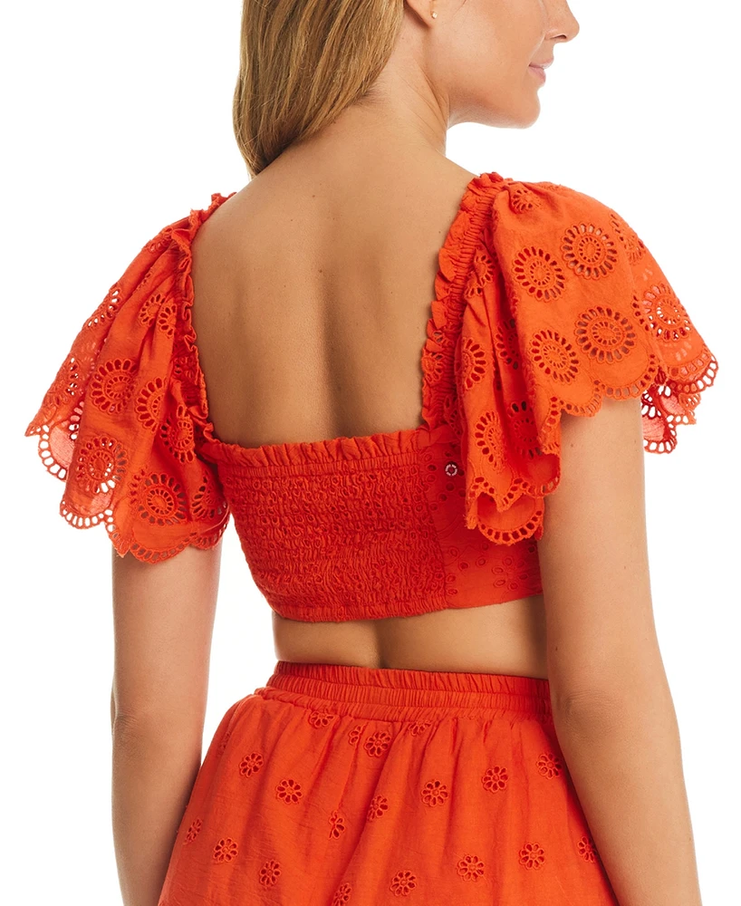 Red Carter Women's Flutter-Sleeve Cotton Crop Top