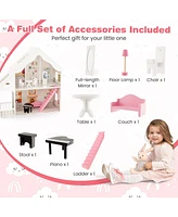 Costway Kids Wooden Dollhouse Semi-Opened Diy Playset with Simulated Rooms & Furniture