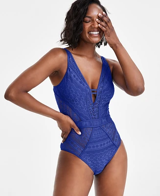 Becca Women's Crochet Plunging One-Piece Keyhole Swimsuit