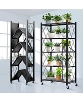 5-Tier Foldable Storage Shelving Unit, Heavy Duty Metal Shelf, Kitchen Shelf with 3 Hooks