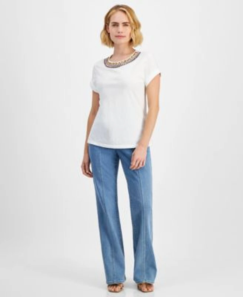 I.N.C. International Concepts Petite Rhinestone Embellished Top Flare Leg Jeans Created For Macys