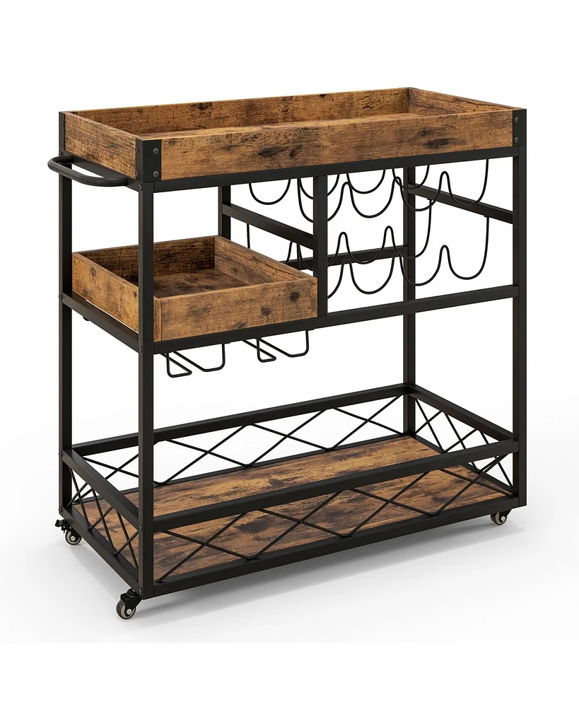 Slickblue 3-Tier Rolling Bar Cart with Removable Tray and Wine Rack-Rustic Brown