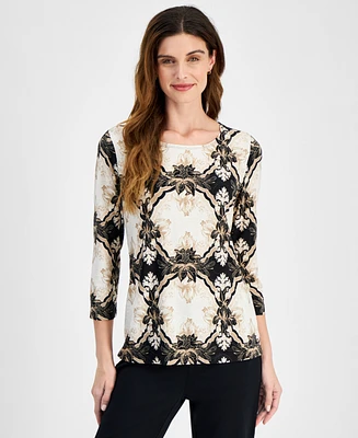 Jm Collection Women's Printed Jacquard 3/4-Sleeve Top, Created for Macy's