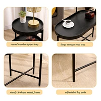 2-Tier Black Side Table With Storage Sofa Table For Living Room Metal Frame & Wooden Desk End Table