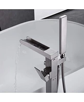Bathroom Freestanding Waterfall Tub Filler Brushed Nickel Floor Mount Faucet With Hand Shower