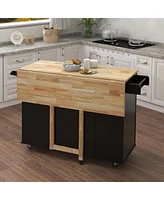 Kitchen Island With Spice Rack, Towel Rack And Extensible Solid Wood Tabletop-Black