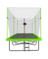 10ft by 17ft Rectangular Trampoline with Green Fabric Black Powder-coated Galvanized Steel Tubes with Basketball Hoop System Advanced Ladder