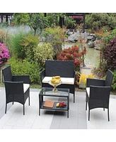 4 Piece Rattan Patio Furniture Set Outdoor Patio Cushioned Seat Wicker Sofa (Cushion)