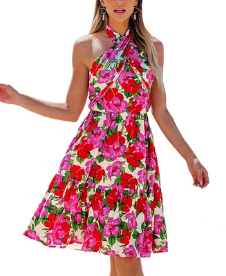 Cupshe Women's Pink & Red Floral Crossover Halterneck Mini Beach Dress