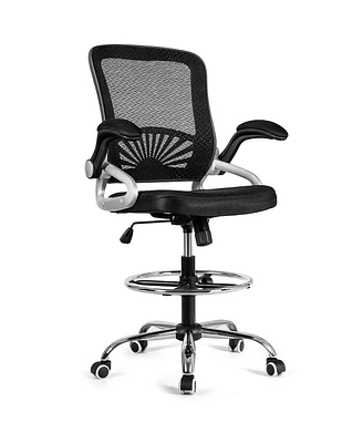 Slickblue Adjustable Height Flip-Up Mesh Drafting Chair with Lumbar Support