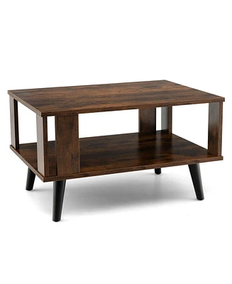 Slickblue Compact Retro Mid-Century Coffee Table with Storage Open Shelf-Rustic Brown