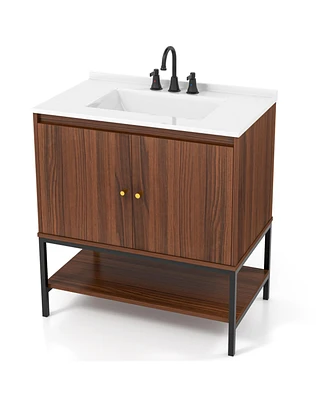 Slickblue 31 Inch Bathroom Vanity Sink Combo with Doors and Open Shelf-Walnut
