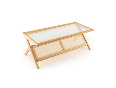 Slickblue Z-Shaped Handwoven Bamboo Coffee Table with Tempered Glass Top-Natural