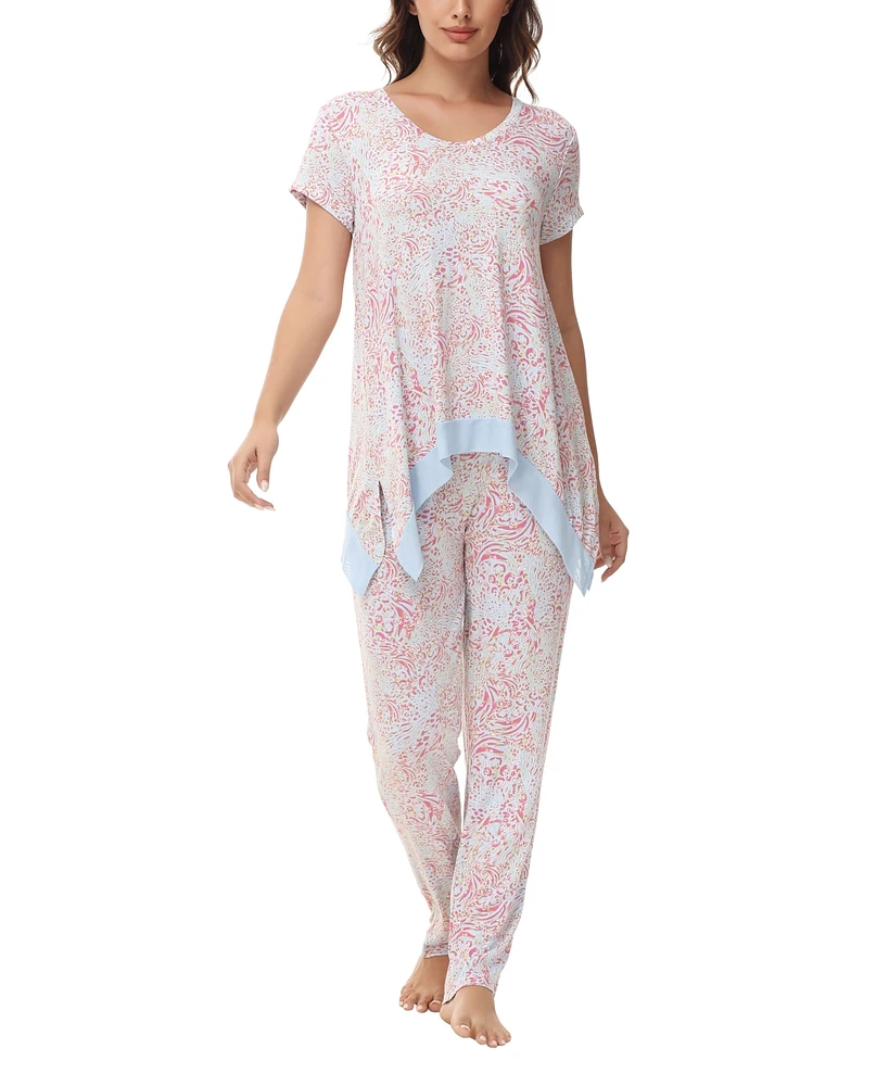 Women's Printed Short Sleeve Tunic with Pant Pajama Set