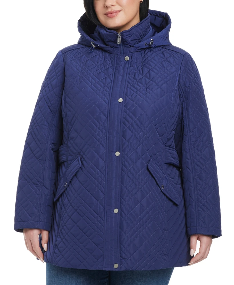 Jones New York Plus Hooded Stand-Collar Quilted Coat