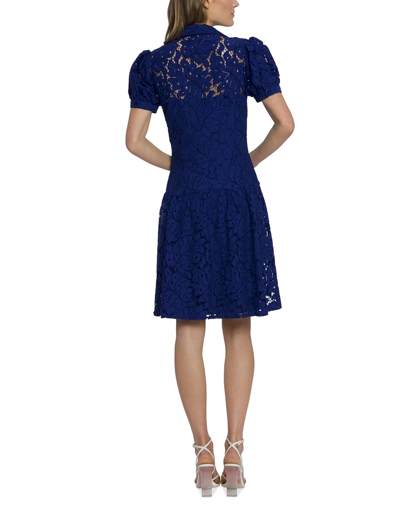 Maggy London Women's Floral-Lace Puff-Sleeve Shirtdress