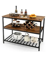 Sugift 3 Shelves Kitchen Island Industrial Prep Table with Bottom Wine Rack