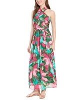 London Times Women's Floral-Print Wrap-Neck Tie-Front Halter Maxi Dress