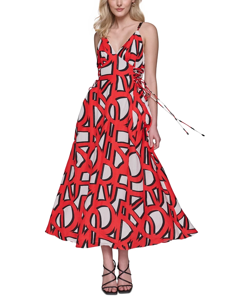 Karl Lagerfeld Paris Floral-Print Lace-Up Midi Dress