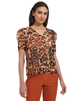 Calvin Klein Petite Animal Print Puff-Sleeve Blouse