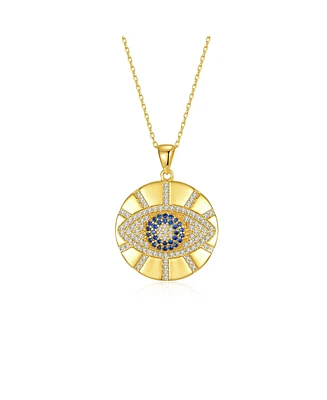 Genevive Sterling Silver 14k Gold Plated with Cubic Zirconia Evil Eye Light Rays Medallion Pendant Necklace