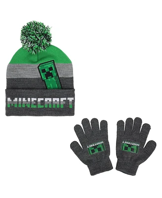Minecraft Boys Creeper Character Youth Beanie and Gloves Set