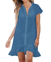 Cupshe Women's Button-Up Collared Ruffle Mini Cover-Up