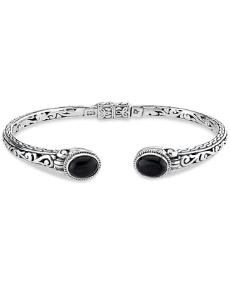 Onyx Filigree Hinged Cuff Bangle Bracelet in Sterling Silver